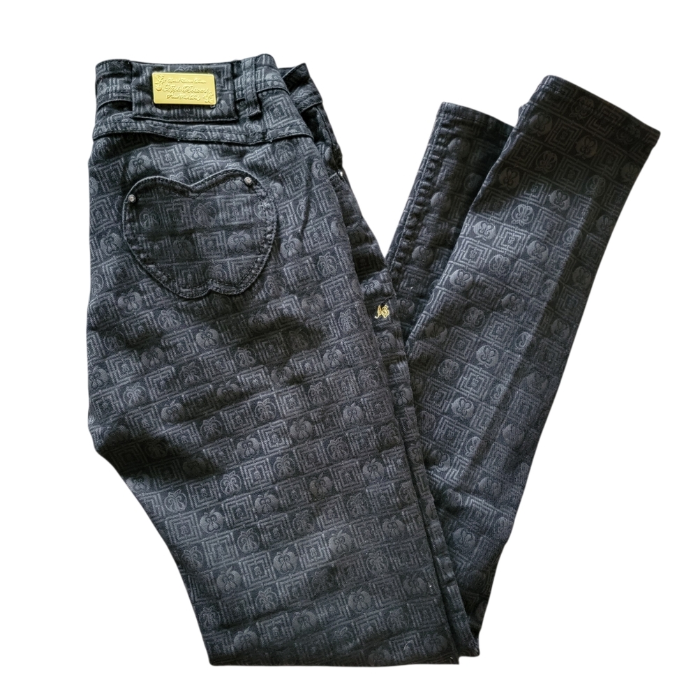 VTG Y2K Apple Bottom Jeans Sz Jr 11/12 All Over Pattern Zipper Gold Details EUC